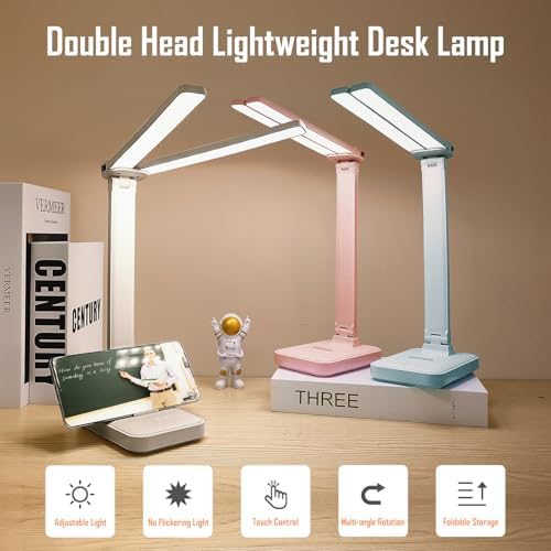 LED Double Head Desk Lamp, Rechargeable Portable Table Lamp, Adjustable Light Color and Brightness, USB Powered, LED Light for Work, Reading, Emergency (White)