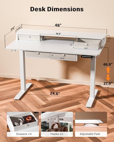 FiCiHi 48x24 Inch Electric Standing Desk, 4 Drawers, Adjustable Height Desk