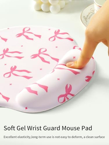 Seorsok Cute Pink Ribbon Bow Tie Mouse Pad with Gel Wrist Support Mouse Pad,Ergonomic Aesthetic,Comfort Mousepad for Office Work Computer,Pain Relief Mousepad with Non-Slip Silicone Base,Pink Bow