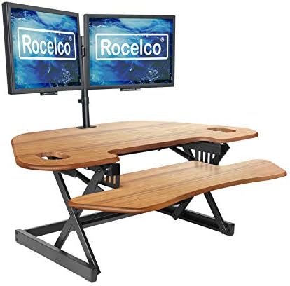 Rocelco 46" Height Adjustable Corner Standing Desk Converter with Dual Monitor Arm BUNDLE - Quick Sit Stand Up Computer Workstation Riser - Extra Large Keyboard Tray - Teak Wood Grain (R CADRT-46-DM2)