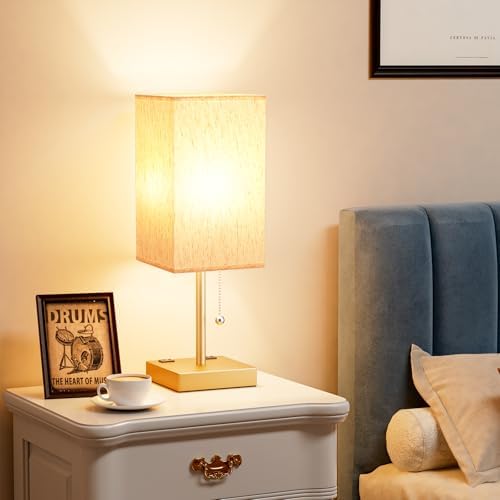 Gold Bedside Lamp for Bedroom - 3 Color Temperatures, USB A+C, 2 AC Outlets