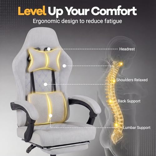 GIANTEX Gaming Chair, Ergonomic Computer Chair with Headrest, Lumbar Support, Linkage Armrests, Reclining Backrest & Footrest, High Back Swivel Office Chair, Video Game Chair (Grey)