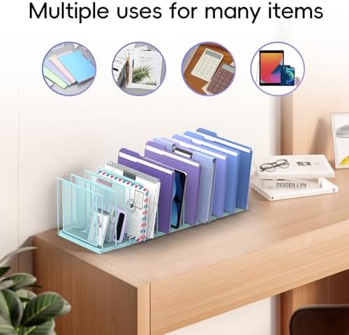 File Organizer for Desk, 11-Section Vertical File Sorter, Paper Holder Organizer Standing Metal File Folder for Office Home Classroom, Blue