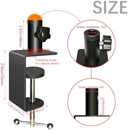Desk C-Clamp with 1/2" Thread Hole, C Clamp for Microphone Stand, Adjustable Metal Table Clamp on Desk Lamp, Black Desk Lamp Clamp for Swing Arm Magnifying (2, Black), Mantle Clamps