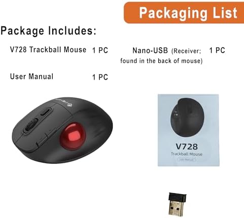 J-Tech Digital Wireless Trackball Ergonomic Mouse w/Free & Easy Thumb Control | DPI Adjustment, Precision Tracking, Multi-System Compatibility with PC, Laptop, Windows, Mac [V728]