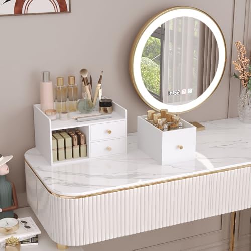 Bamboo Desk Organizer with Drawers,Wooden Desktop Storage (3 Drawer,White)