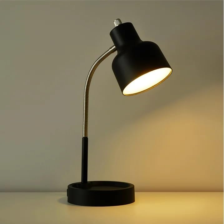 17" LED Catch-All Base & AC Outlet Adjustable Flexible Desk Lamp (Black)