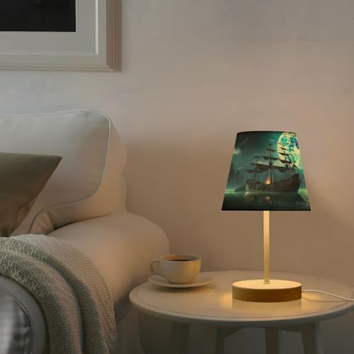 Pirate Ship Table Lamp for Bedroom, 3 Lighting Modes LED Bedside Lamps Fabric Shade Desk Lamp for Nightstand Living Room Office, 8x12 in