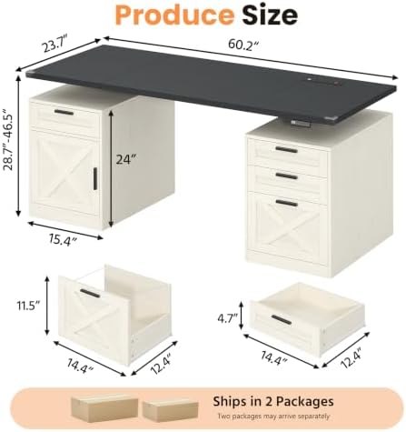 YOMILUVE 60" Farmhouse Electric Standing Desk with Drawers for Home Office