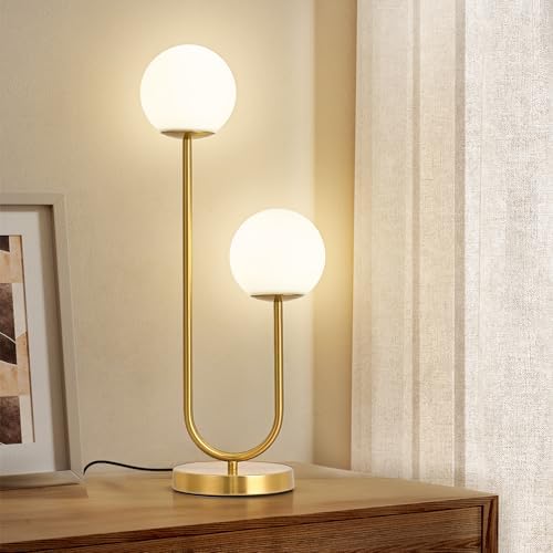 Mid Century Modern Globe Table Lamp Gold U-Shape Glass Table lamp 2-Globe Bedside Lamp with LED G9 Light Source Ideal for Bedroom & Office