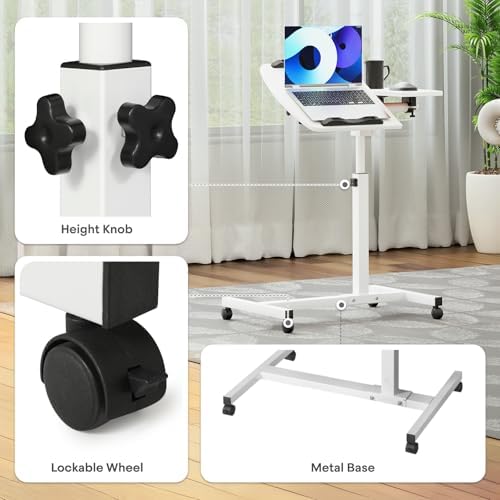 Athena Collection Adjustable Standing Desk with Wheels Overbed Table, White