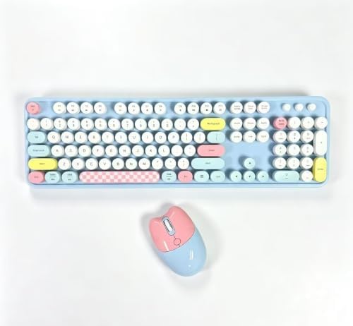 Wireless Keyboard and Mouse, 104 Round Keycaps Retro Typewriter Blue