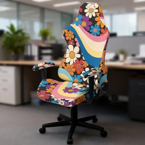 Hippie Flower Gaming Chair Covers Anti-Slip Gamer Chair Seat Cover Stretch Fit Office Computer Armchair Slipcover for Reclining Racing Gaming Chairs