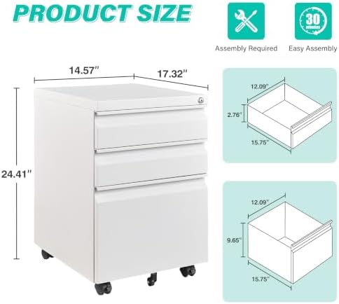 3 Drawer File Cabinet with Lock,Under Desk File Cabinet with Wheels,White Rolling Filing Cabinets,Three Drawer Metal Filing Cabinet for Home Office,Fit A4/Letter/Legal File,- Assembly Required