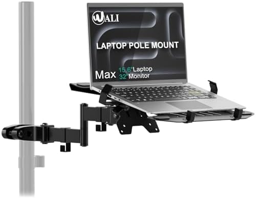 WALI Laptop Pole Mount, Adjustable Laptop Arm Holder Fits 10"-15.6" Laptops, 2-in-1 Full Motion Monitor Mount with Removable Tray, VESA 75x75 or 100x100 mm, Holds up to 15.4lbs(011ARMLPN), Black
