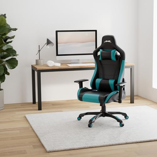 Leopard Gaming Chair, High Back PU Leather Office Chair, Adjustable Video Gaming Chairs, Swivel Racing Chair with Adjustable Armrest (Black/Light Blue)