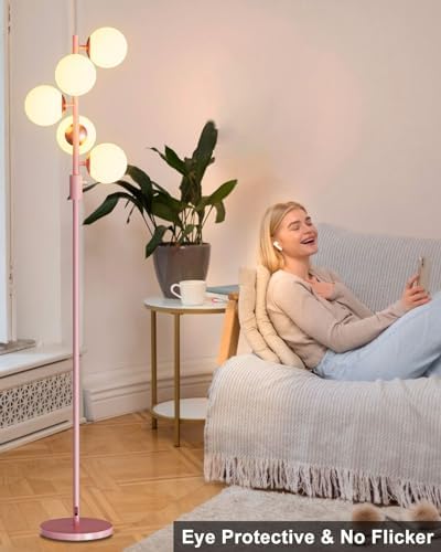 64IN Dimmable Pink Floor Lamp, Tall Standing Lamps with 5 Globe Soft Warm White Eye Care 3000K G9 Bulbs, Mid Century Modern Floor Lamp with 5Lbs Heavy Base for Living Room Bedroom Office
