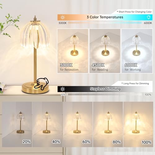 Shenmoyl Set of 2 Tulip Table Lamp with 5000mAh Battery & Touch Control, Cordless Table Lamp with 3 Colors, Dimmable Rechargeable Table Lamps for Bedroom, Living Room, Entryways (Transparent Tulip)