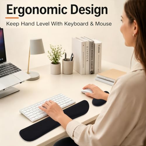 Keyboard Wrist Rest and Mouse Wrist Rest Set - Ergonomic Memory Foam Wrist Cushion - for Wrist Support on Computer, Laptop, Office, Playing Games, Typing Relieves Wrist Pain Black