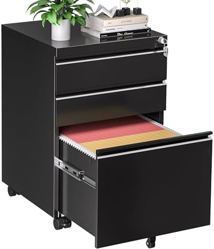 INTERGREAT 3 Drawer File Cabinet, Metal Filling Cabinets with Lock, Locking Office Mobile Cabinet with Wheels for Legal/Letter Size, Under Desk, Assembled, Black