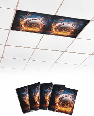 Baseball Magnetic Fluorescent Light Covers for Ceiling Lights 2 x 4 Feet,Sports Theme Gradient Orange Blue Black Office Classroom Kitchen Drop Ceiling Light Covers Lighting Filters Shade Panel 4 Packs