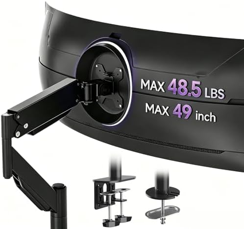 Suptek Single Monitor Arm for 27–49 Inch Ultrawide Large Screen Monitors, Gas Spring Desk Mount with Tilt Swivel, VESA 75/100, Supports 48.5 lbs, Clamp & Grommet, MD71PRO