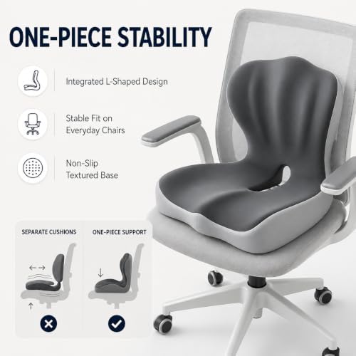 Ergonomic Memory Foam Seat Cushion, L Shaped Lumbar Support Pillow with Tailbone Relief, Orthopedic Chair Pad for Office, Car, Gaming Chair, Travel (Comfort Black & Gray)