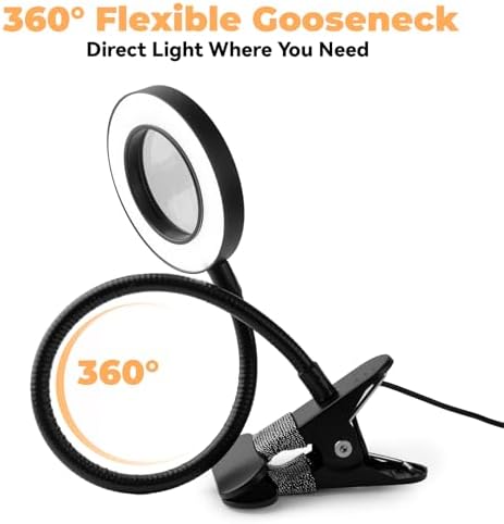 LALISU Clip on Lamp, 5X Magnifying Glass with Light LED Desk Clip Lamps