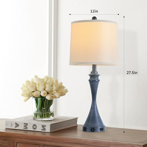 Living Room Deek Lamp Bedroom Table Lamp Set of 2,3 Way Dimmable Led Light Modern Industrial Table Lamps Sand Navy Blue Metal,USB Type A+C&Outlet, Linen Lampshade,Bulb*2