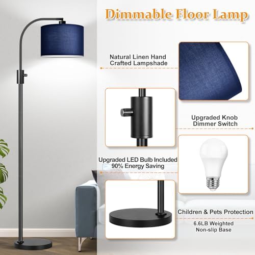 Nintiue Upgraded Modern Arc Dimmable Tall Standing Floor Lamp with Blue Shade, 1200 Lumens LED Bulb Included, for Living & Reading Room, Bedroom, Office & Nursery, Black