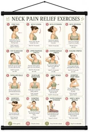 GCOWCOUIA Neck Pain Relief Exercises Poster, Neck Tension Stretches & Tech Neck Posture Correction Chart, Rounded Shoulder and Upper Back Desk Stretch Guide, 16 x 24 Inch