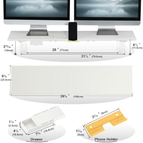 TEAMIX White Dual Monitor Stand with Acrylic Leg & Drawer & Phone Holder