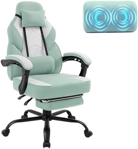 Gaming Chair with Footrest, Fabric Gaming Chair for Adults with Massage Lumbar Support, High Back Ergonomic Computer Chair, Pocket Spring Cushion, 150°Reclining & Linkage Armrests, Green