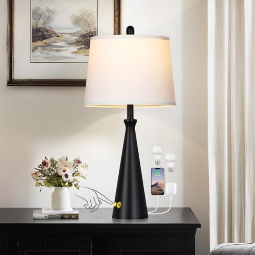 Rinweey 28" Black Touch Table Lamp with USB A+C Ports, 3-Way Dimmable Bedroom Lamp for Night Stand, Tall Modern Touch Lamp for Living Room End Table, Includes LED Bulb