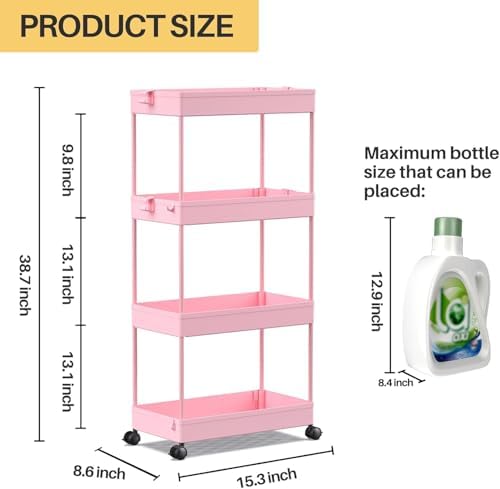 SPACELEAD 4 Tier Rolling Cart with Wheels, Storage Craft Art Trolley Organizer Serving, 3 Hanging Baskets Easy Assembly, for Office, Living Room, Kitchen