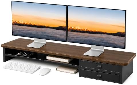 Dual Monitor Stand, 42.5 Inch Wood Monitor Riser with Drawers, 2 Tier Desktop Organizer for Computer Laptop TV, Large Screen Stand for Home Office Desk