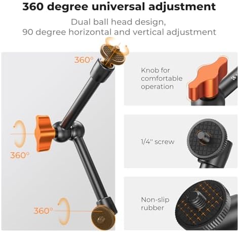 K&F CONCEPT 9.8" Magic Arm, 1/4" Screw Camera Mount Arm 360° Ball Heads