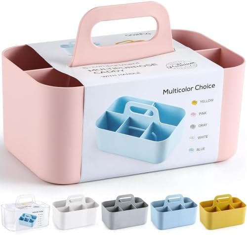 Multiuse Caddy Organizer with Handle, Portable Divided Plastic Tote Bin - Art Craft, Stationary Pen Marker Crayons, Makeup Hair Supplies Storage - Bathroom, Classroom, Dorm, Office, Desk Holder - Pink