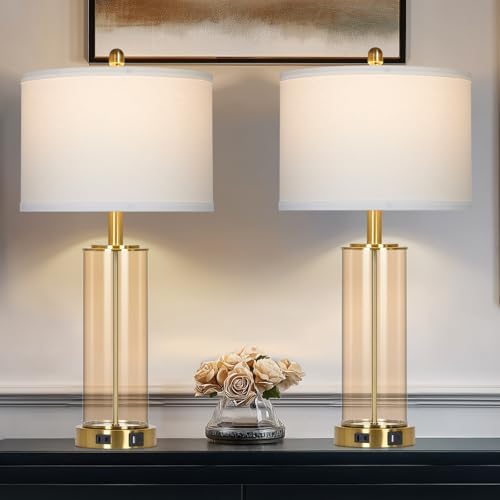26" Modern Brown Glass Table Lamps Set of 2, Bedside Lamp with USB A+C Ports & AC Outlet, Living Room Lamps with 3-Way Dimmable Touch Control, Stylish Bedside Lamp for Bedroom Nightstand Dining Table