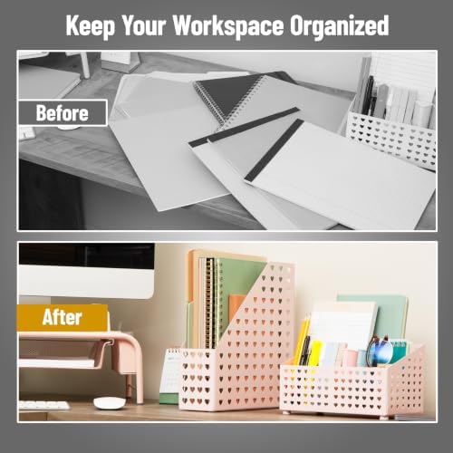 Mind Reader Vertical File Holder, Metal Magazine Organizer with Heart Cutout Design, Desktop Document Storage, Non-Skid Base, Pink