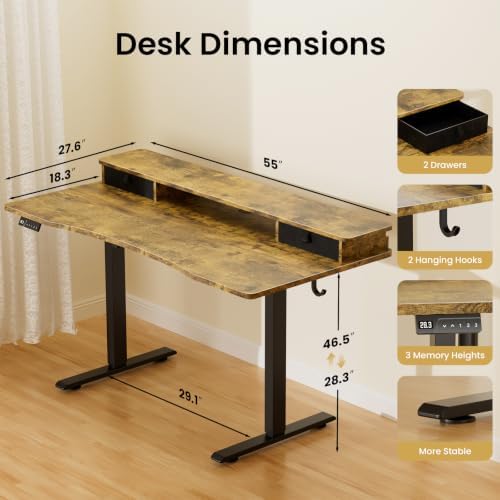 55 x 27.6 Electric Standing Desk with Drawers, Rustic Brown