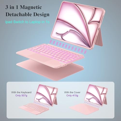 iPad A16 11/10th Case with Keyboard, Air 11" (M4/M3/M2, 2026/2025/2024), Magnetic Detachable with Trackpad, Quiet Backlit Keys, 160° Stand, Smooth iPad Case for Air 5/4th 10.9" & Pro 11 (Rose Quartz)