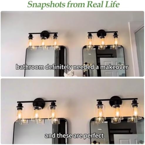 Zarbitta 3-Light Bathroom Light Fixtures, 17.23" Black Modern Vanity Lights with Clear Glass Shade, Bathroom Wall Lamp for Mirror Kitchen Living Room Hallway Cabinet Porch