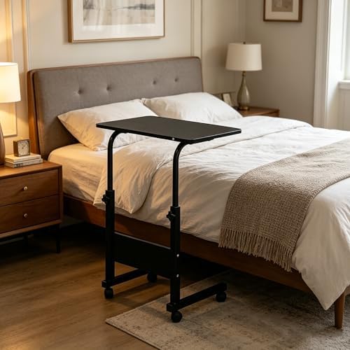 Standing Desk - Side Table Adjustable Height, Portable Laptop Cart, C-Shaped Bed Couch end Tables with Edge Stopper - Wheels for Living Room Bedroom Walking Pad Treadmill 23.6Inch Black