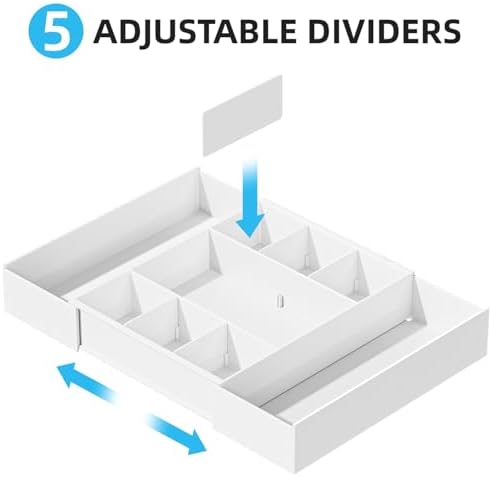 Marbrasse Expandable Desk Drawer Organizer, Clear Plastic Drawer Organizer Tray with 10 Adjustable Compartments, Desk Organizers and Accessories, 5 Drawer Dividers for Office Supplies, Makeup(White)