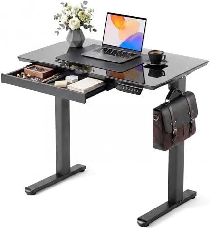 INNOVAR Glass Standing Desk with Drawers 32 x 19 Inch Black