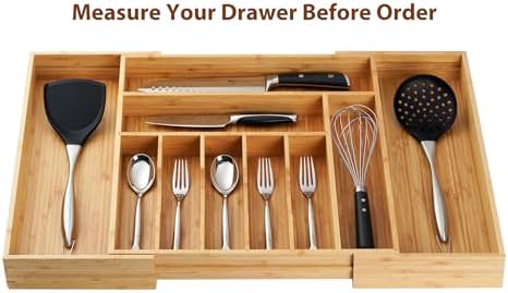 Umilife Extra Large Expandable Kitchen Siverware Utensils Drawer Organizer, 19" Deep for Big Drawer, Adjustable Bamboo Wood Drawer Divider with Curved Grooves, Cutlery Tray Flatware Holder