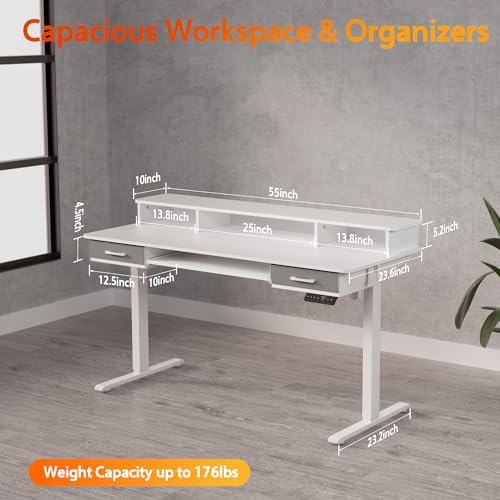 WALKINGDESK 55 Inches Electric Standing Desk with Keyboard Tray, Height Adjustable Sit to Stand Table with 2 Drawers, Ergonomic Home Office Desk with Storage Shelf, Computer Table, White