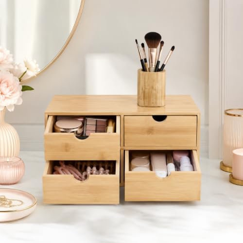 Bamboo Desk Organizer with Drawers, 4-Drawer Wooden Desk Organizer Box