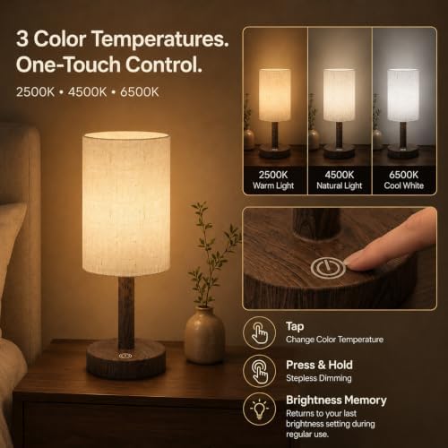 Small Rechargeable Cordless Table Lamp, Nightstand to Desk, Dark Walnut